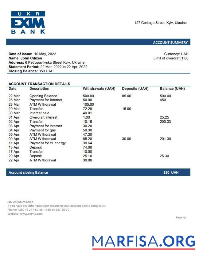 Printable Ukraine Ukreximbank bank statement word download for verification